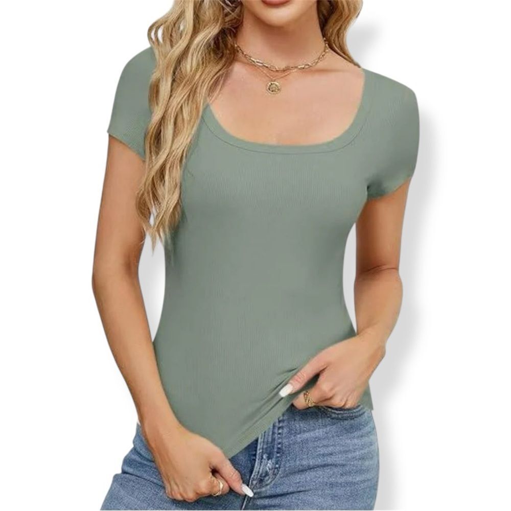NWT Guess Sage Green Short Sleeve Square Neck Ribbed Knit Top
